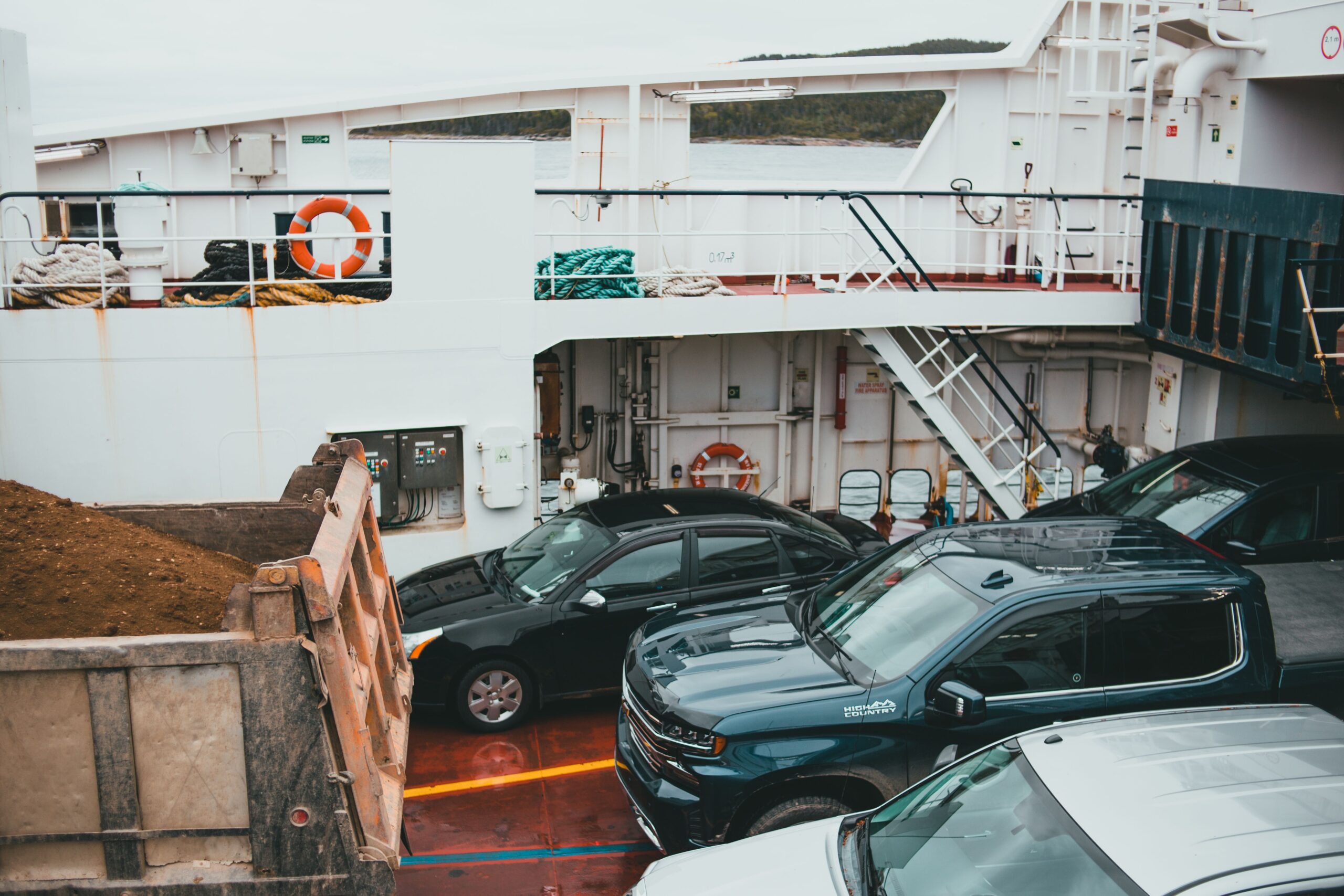 Cars parked on a ferry deck