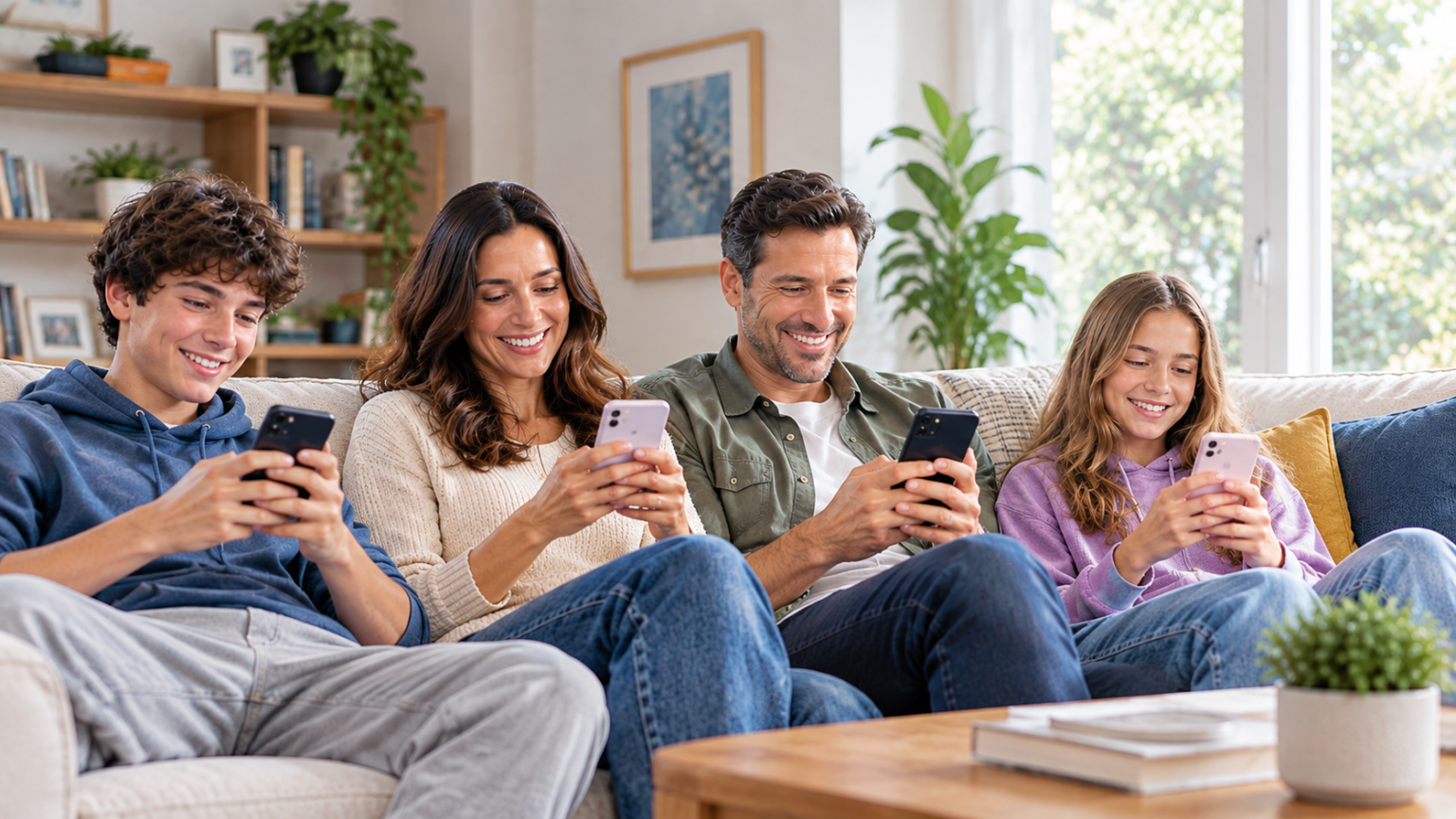 Family of four sitting on a sofa at home, each using their own mobile phone