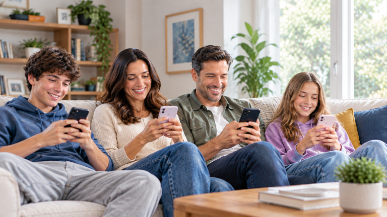 Family of four sitting on a sofa at home, each using their own mobile phone