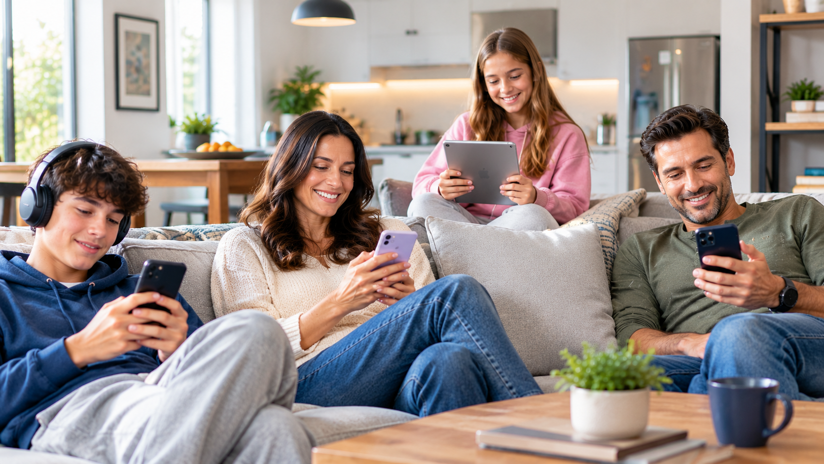 Family in a living room using phones and a tablet on separate mobile lines