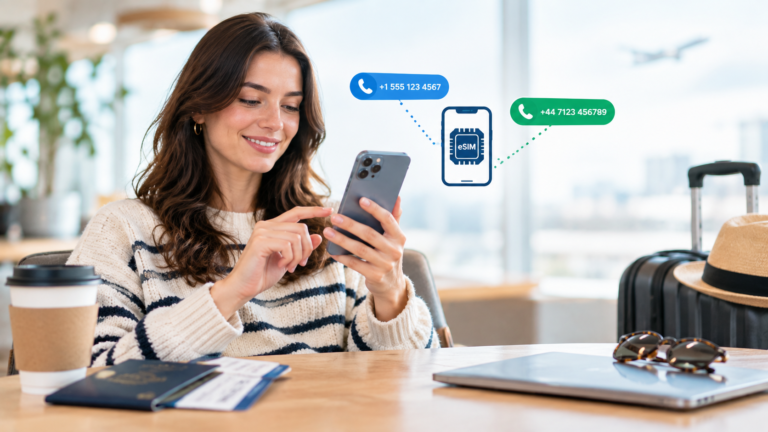 The eSIM Plans That Let One Phone Hold Two Numbers Traveler at an airport using a phone that holds two separate numbers on one eSIM