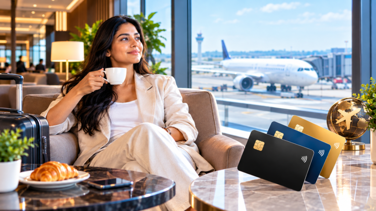 The Credit Cards That Come With Free Airport Lounge Visits Woman relaxing in an airport lounge with a coffee, an aircraft at the gate and three credit cards on the table