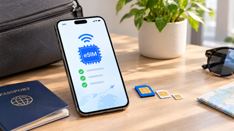 The SIM-Only Plans That Skip the Credit Check Entirely Phone showing an eSIM setup screen beside nano, micro and standard SIM cards on a desk