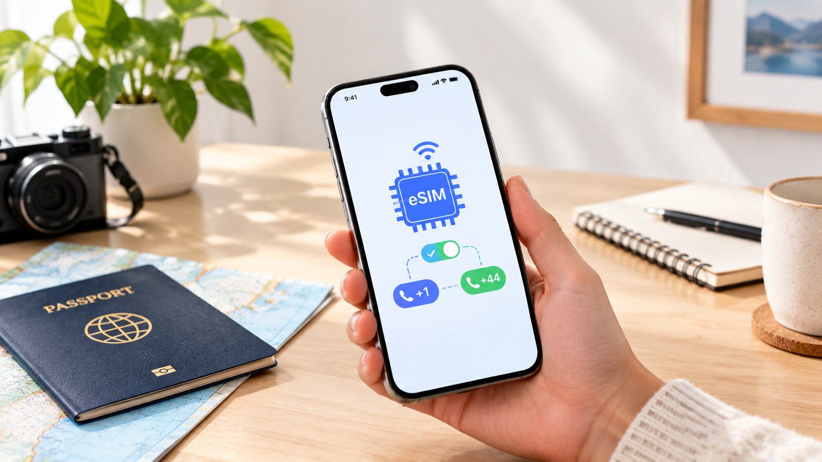 Hand holding a phone showing two active mobile numbers on one eSIM profile