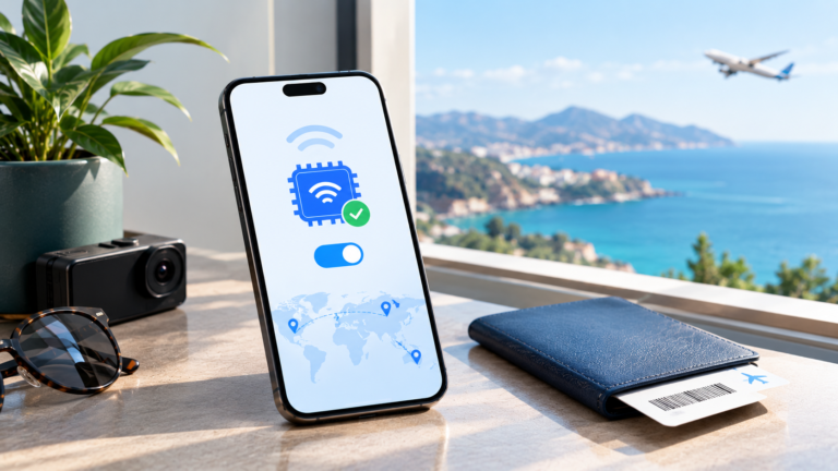 A phone showing an eSIM profile activated, beside a passport and boarding pass with a coastline behind