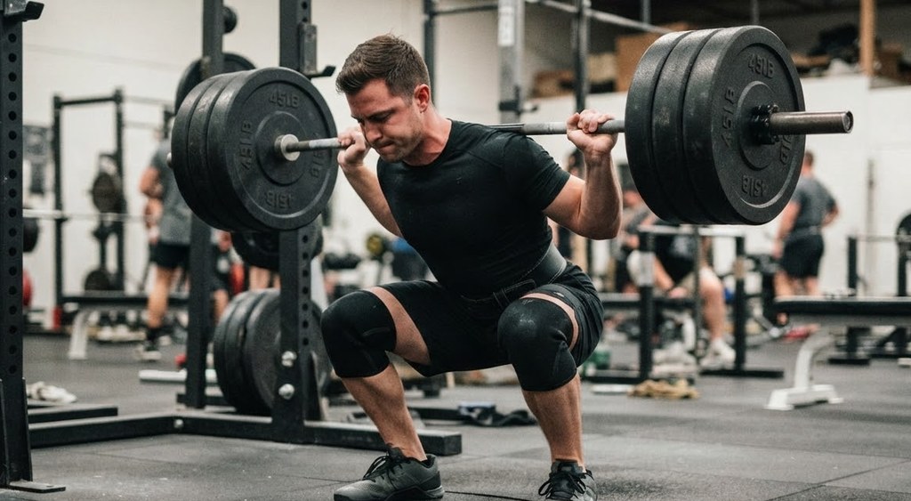 A lifter at the bottom of a squat under a loaded barbell