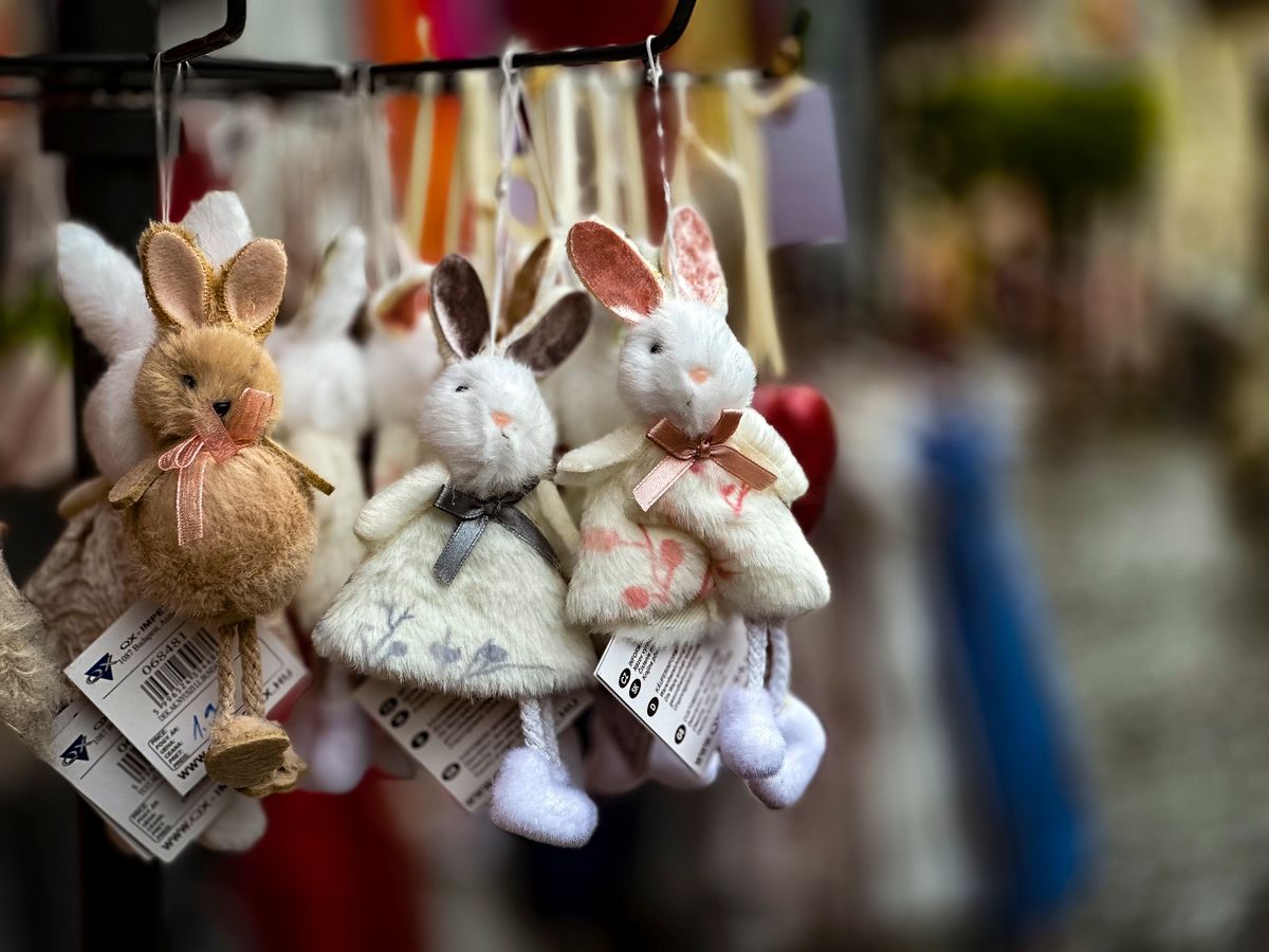 Soft plush bunny keychains hanging on a display rail