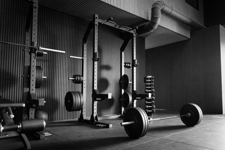 A power rack loaded with a barbell and plates