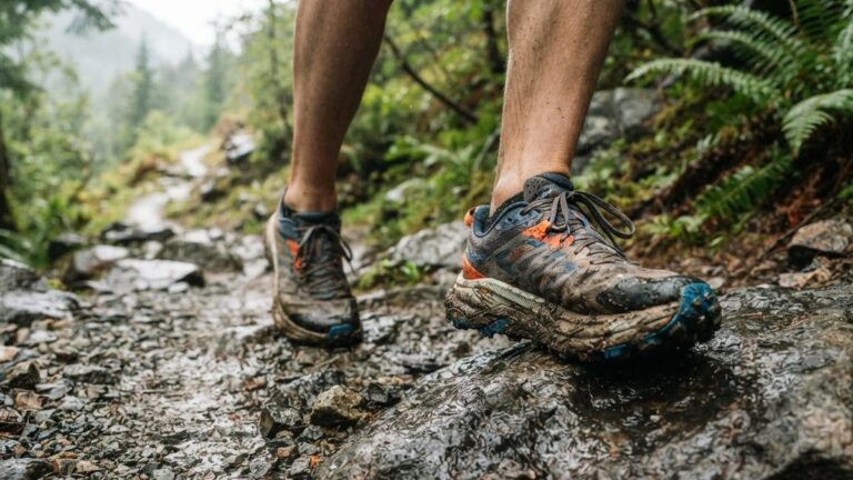Best Trail Running Shoes to Handle Wet Rock and Loose Gravel Trail running shoes gripping wet rock and loose gravel on a forest trail
