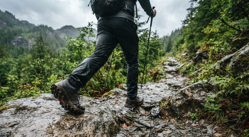 A hiker stepping across wet rock on a rain-soaked mountain trail
