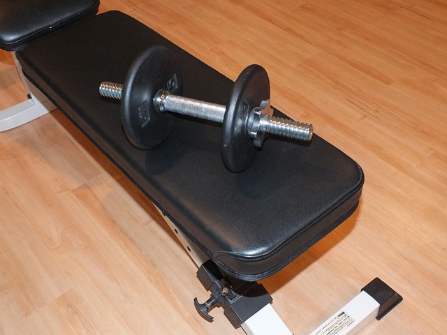 A weight bench with a loaded dumbbell resting on it