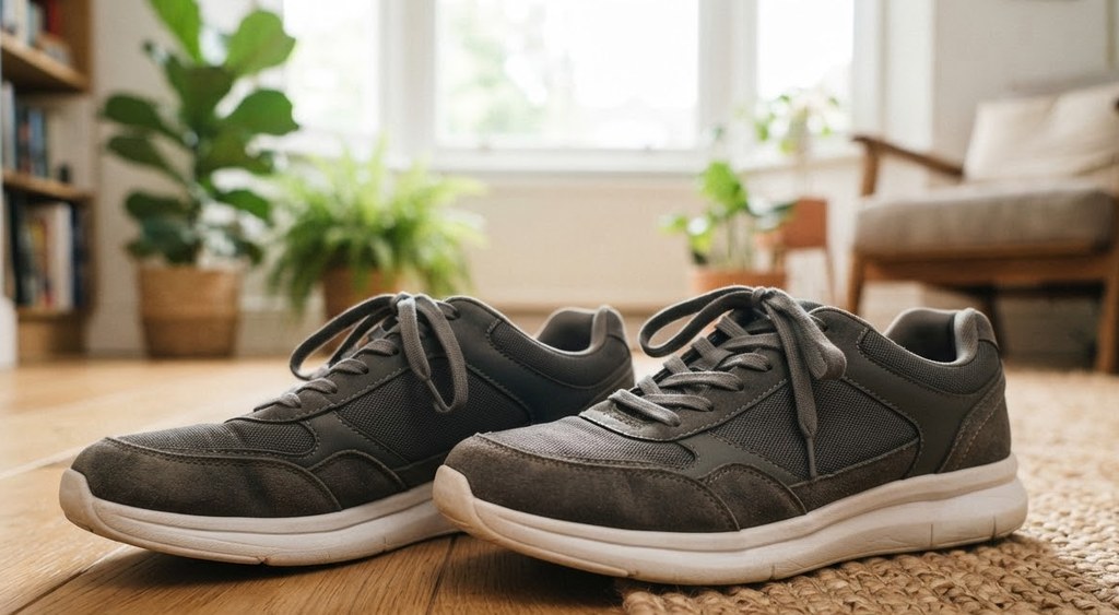 A pair of dark everyday sneakers on a wooden floor in a living room