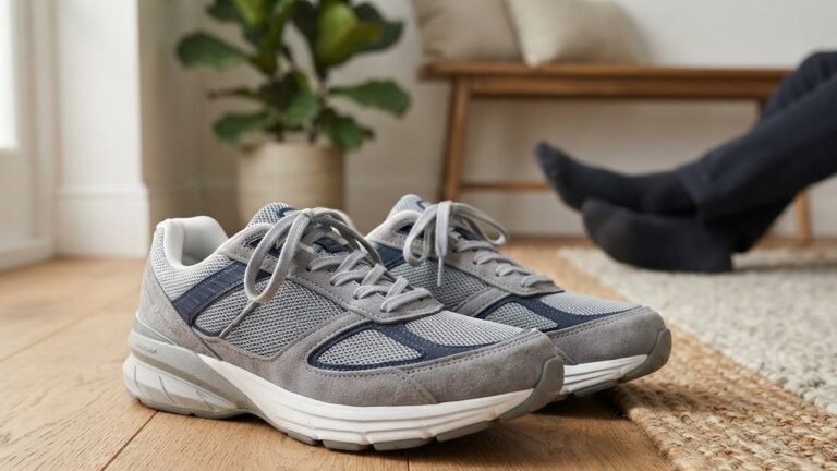 Wide Fit Sneakers to Give Broad Feet Room to Sit Flat A pair of grey and navy sneakers on a wooden floor beside a rug