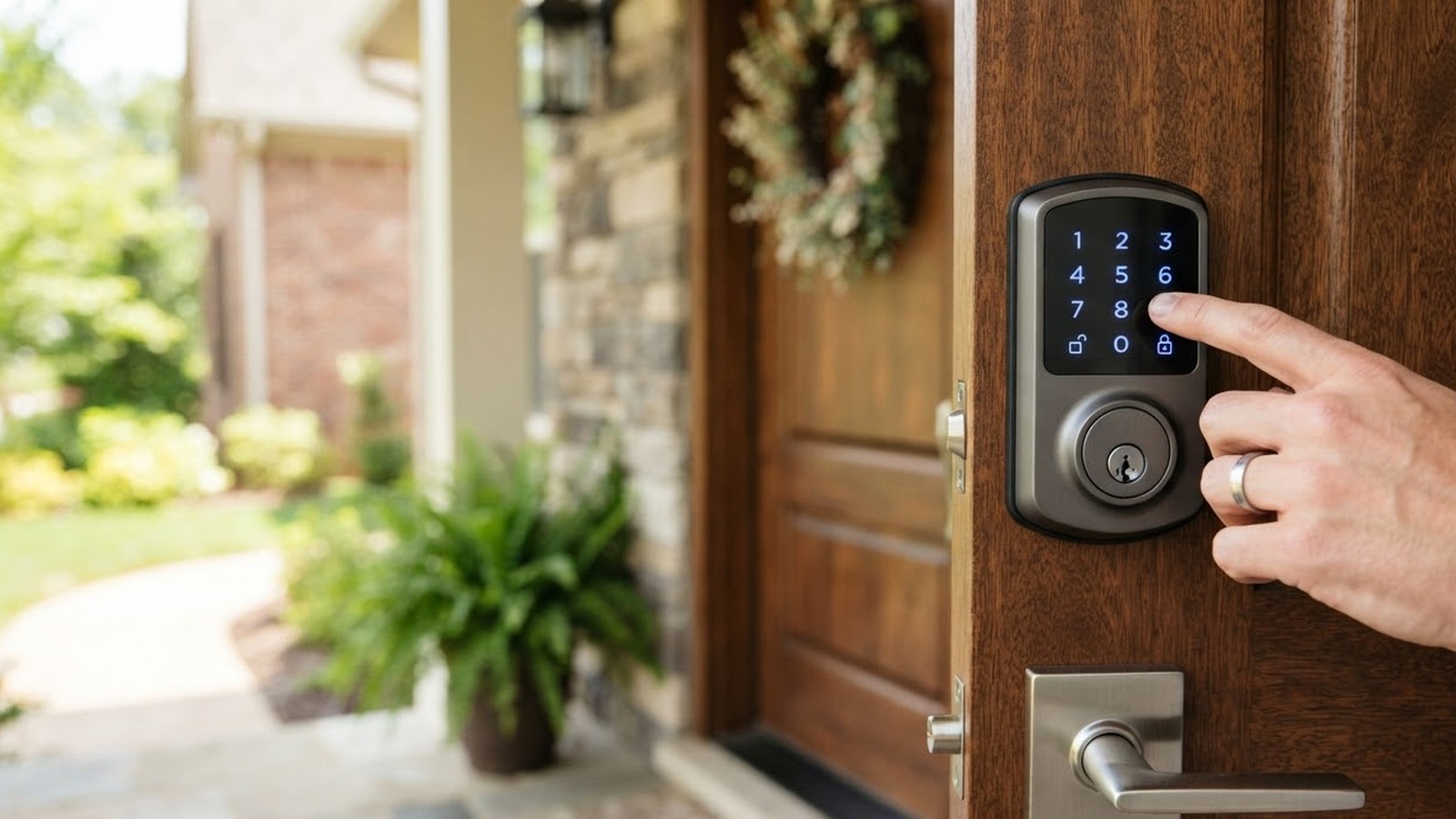 A hand entering a code on the illuminated keypad of a smart lock on a wooden front door