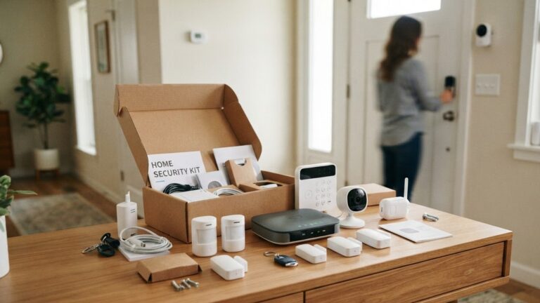 Home Security Kits That Cover Every Entry Point in One Box A home security kit unpacked on a hall table, with a base, keypad, camera and door sensors laid out