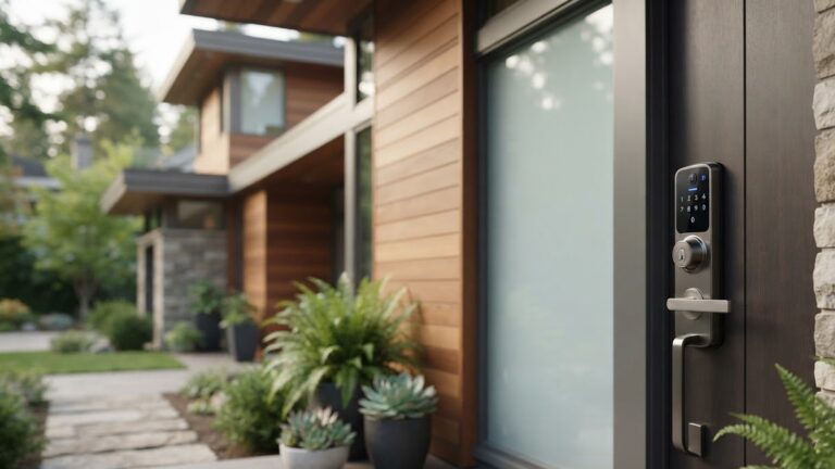 A keypad smart lock and lever handle on the front door of a modern timber and stone house