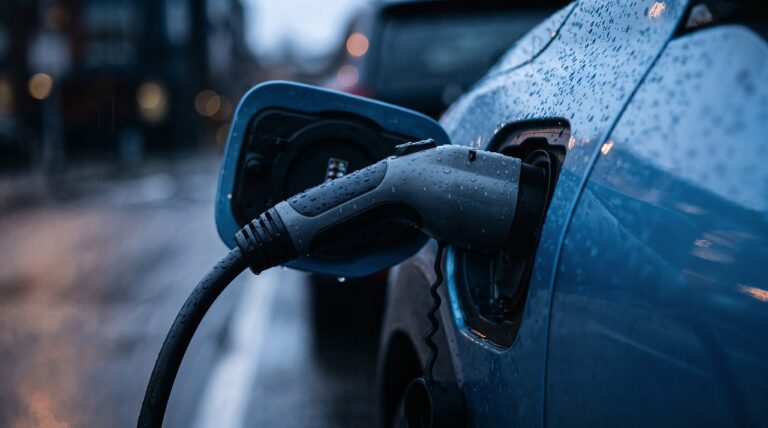 Home Charging Equipment for an Electric Car Type 2 connector plugged into an electric car at dusk