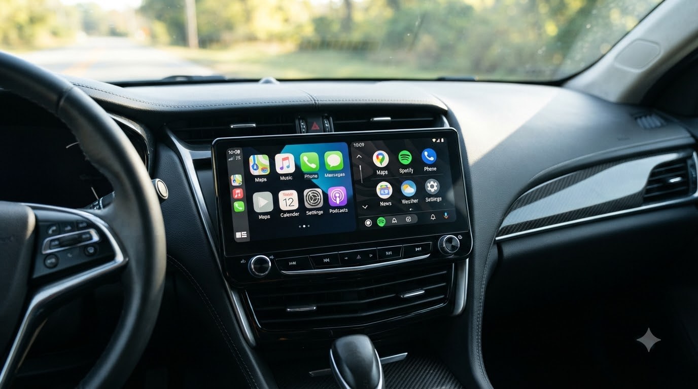 Dashboard display with map and media apps side by side