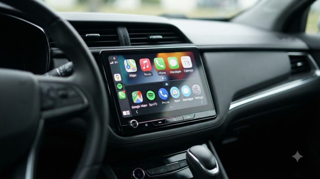 Car Stereos with Apple CarPlay and Android Auto Built In Car touchscreen head unit showing navigation and media apps