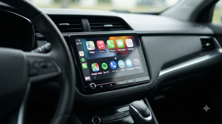 Car Stereos with Apple CarPlay and Android Auto Built In Car touchscreen head unit showing navigation and media apps