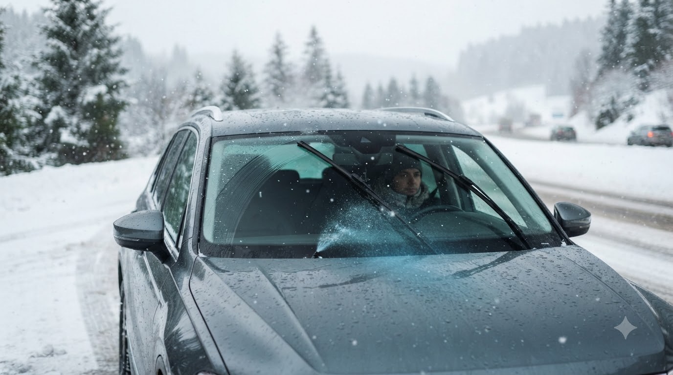 Washer fluid spraying across a car windscreen in falling snow