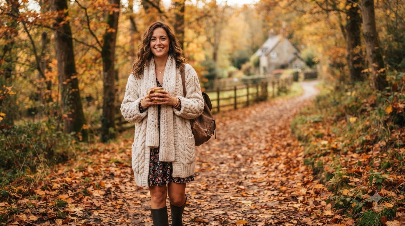 Woman wearing a cream cable-knit cardigan on an autumn path