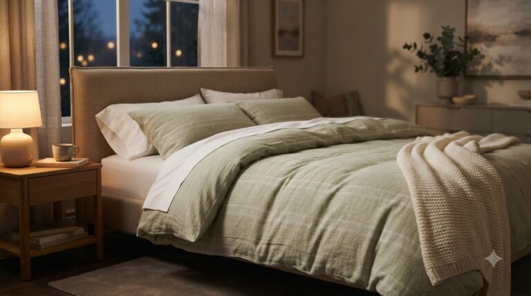 Housses de Couette en Coton et Flanelle pour les Nuits Fraîches Bed made up with a sage green checked duvet cover and a knitted throw