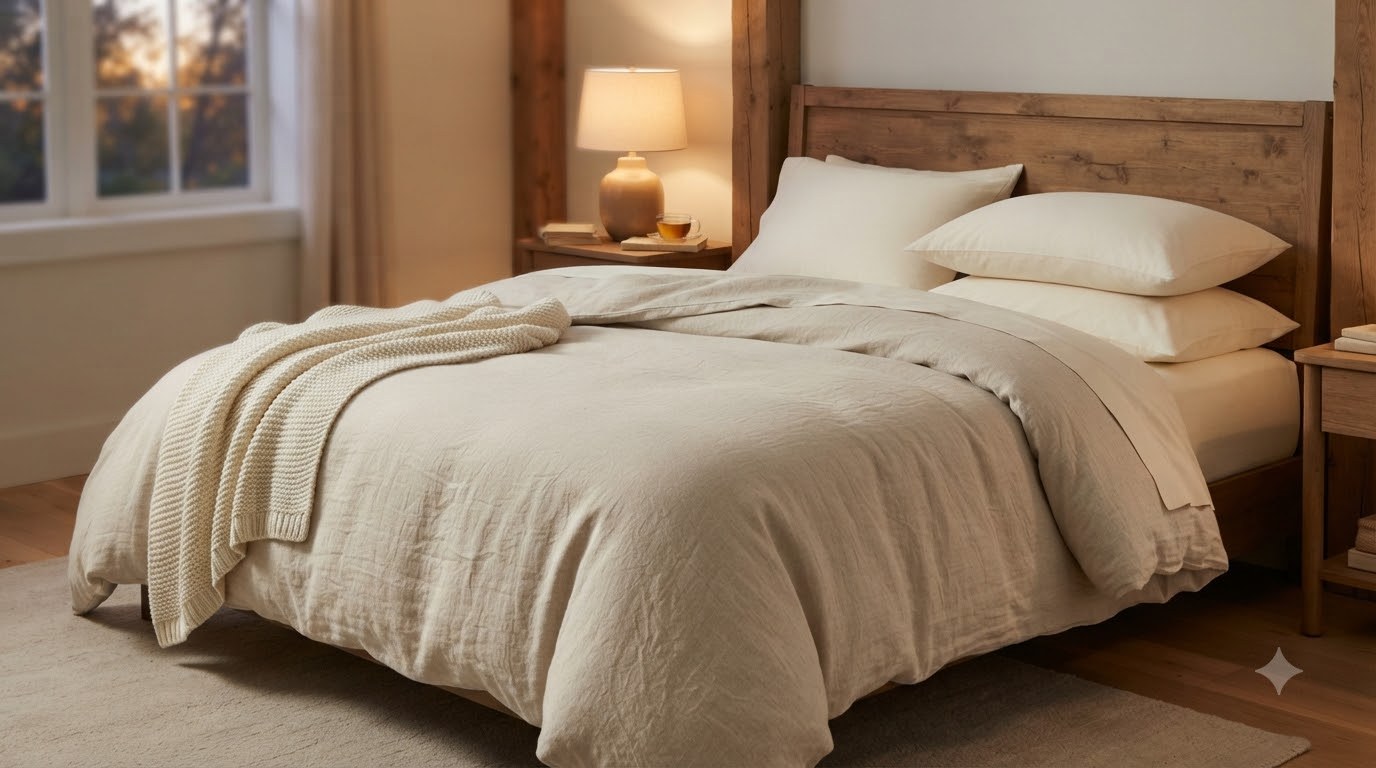 Cream washed duvet cover on a wooden bed with a knitted throw