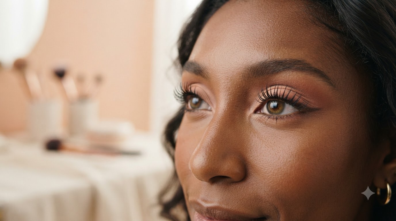Face in close-up with mascara on the upper and lower lashes