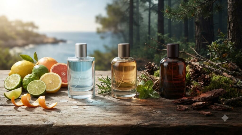 Men’s Fragrances from Fresh Citrus to Deep Woods Three fragrance bottles on a wooden table beside citrus fruit and pine