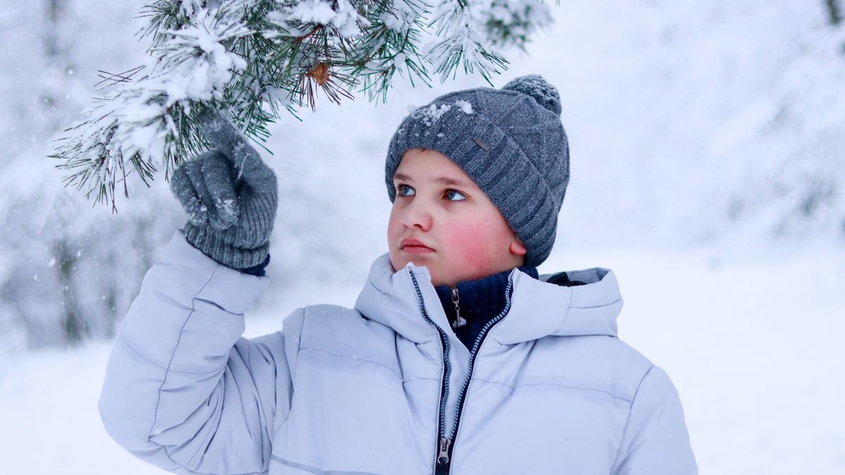 Garçon en doudoune et bonnet touchant une branche enneigée