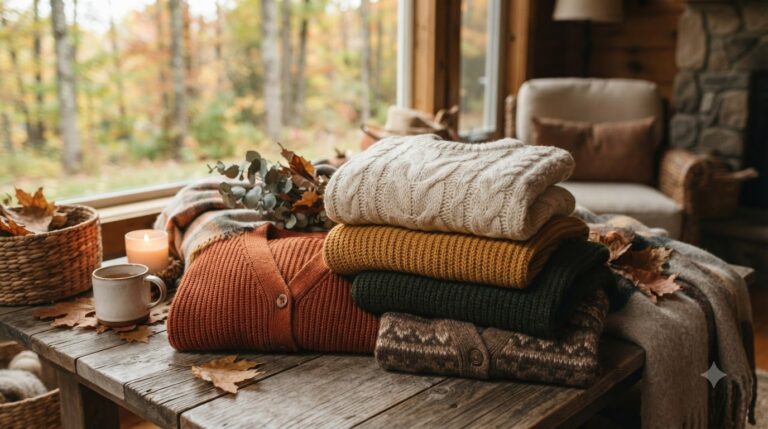 Folded knitted jumpers and a cardigan stacked on a wooden table