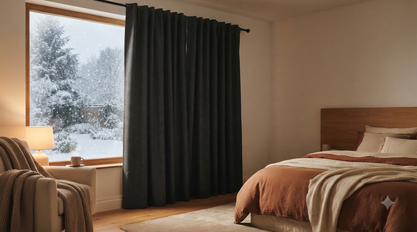 Dark charcoal blackout curtain drawn beside a bedroom window with snow outside