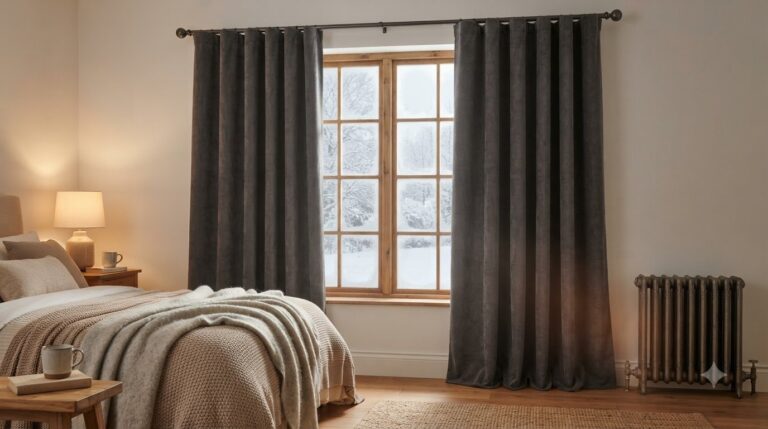 Thermal and Blackout Curtains That Keep a Room Warmer Grey velvet thermal curtains hanging either side of a window with snow outside