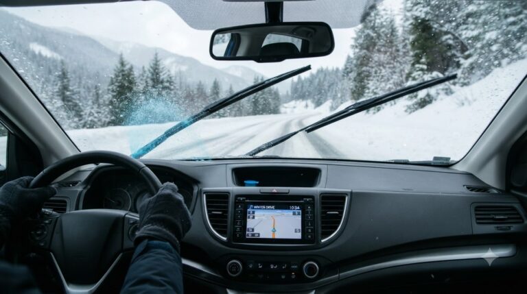 Essuie-Glaces et Lave-Glace pour une Visibilité Nette en Hiver Snowy mountain road seen through a windscreen with the wipers sweeping